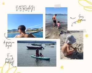 Chicos en la playa y montando el kayak