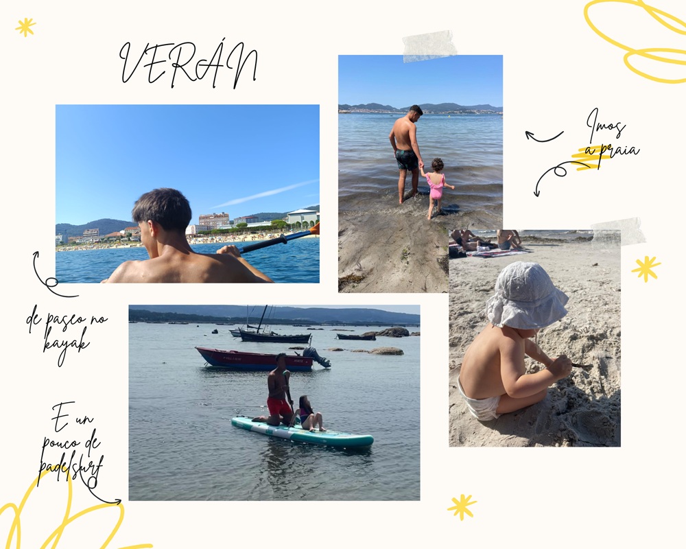 Chicos en la playa y montando el kayak