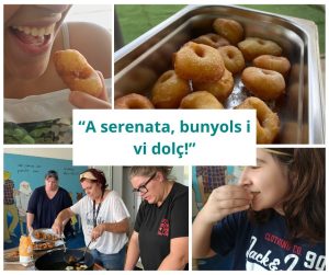 Personas cocinando y comiendo buñuelos