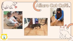 Niños en una cafetería con gatos