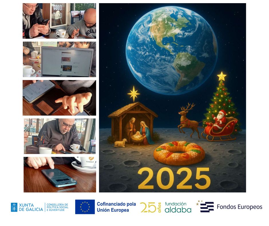 Collague de fotos con una postal navideña y personas con el ordenador o el móvil haciendolo