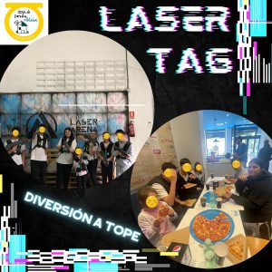 Niños en laser tag y comiendo pizza