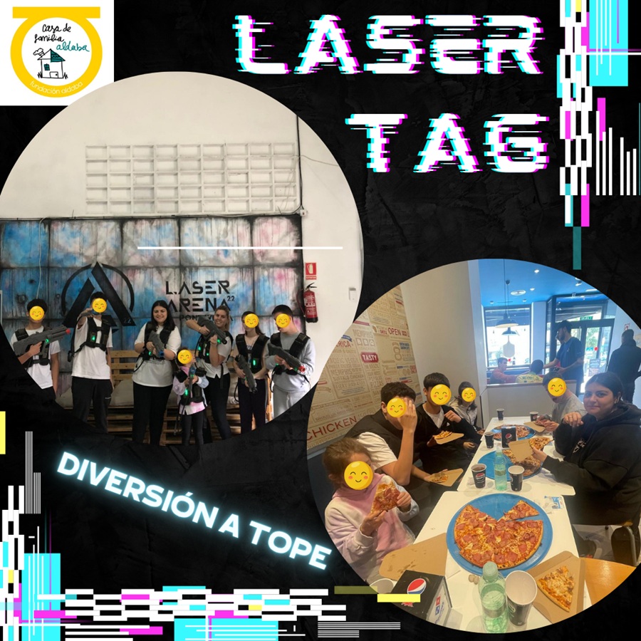 Niños en laser tag y comiendo pizza