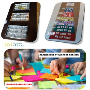 Fotos de pictogramas y de persona haciendo un taller