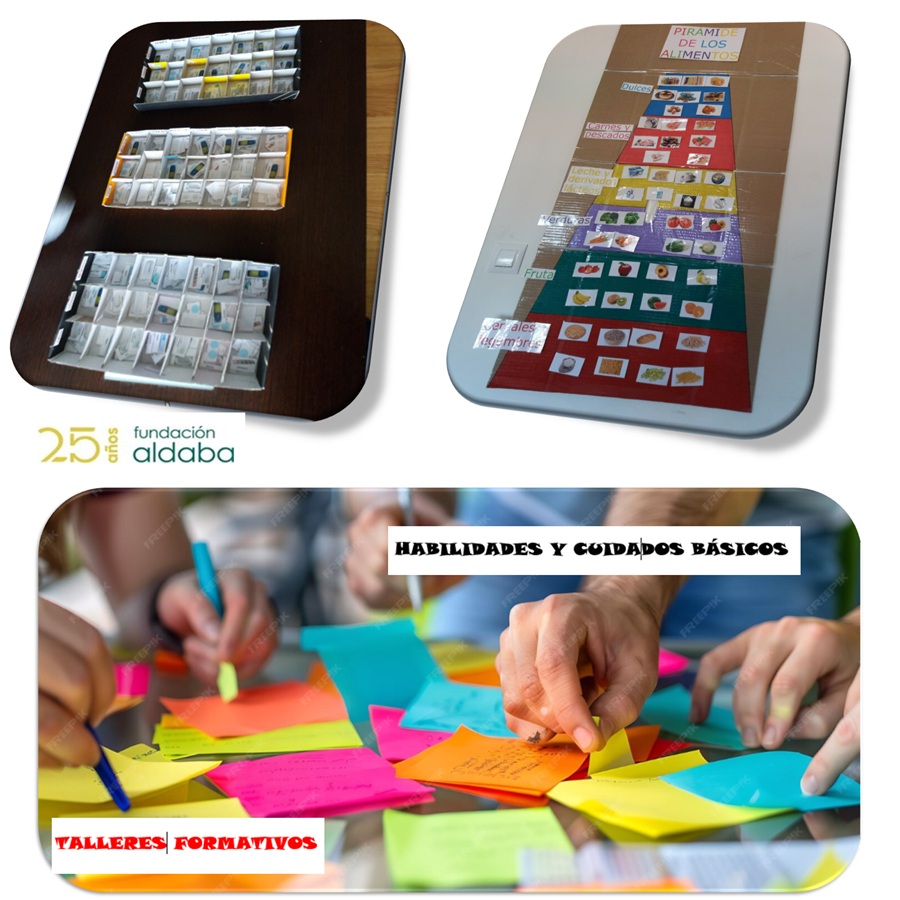 Fotos de pictogramas y de persona haciendo un taller