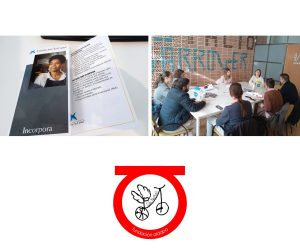 Personas reunidas y foto del folleto informativo