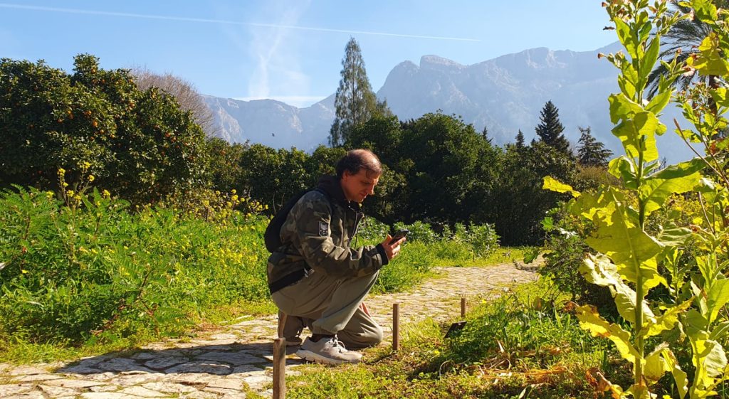 Persona haciendo fotos a una planta del jardín botánico