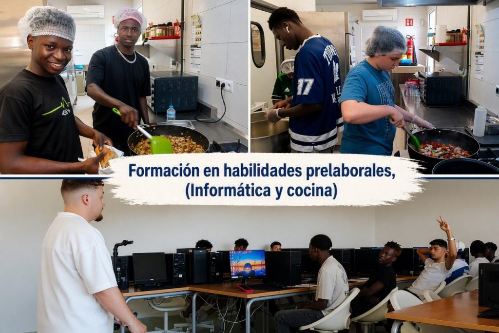 Collague de fotos de personas en el curso de informática y cocina
