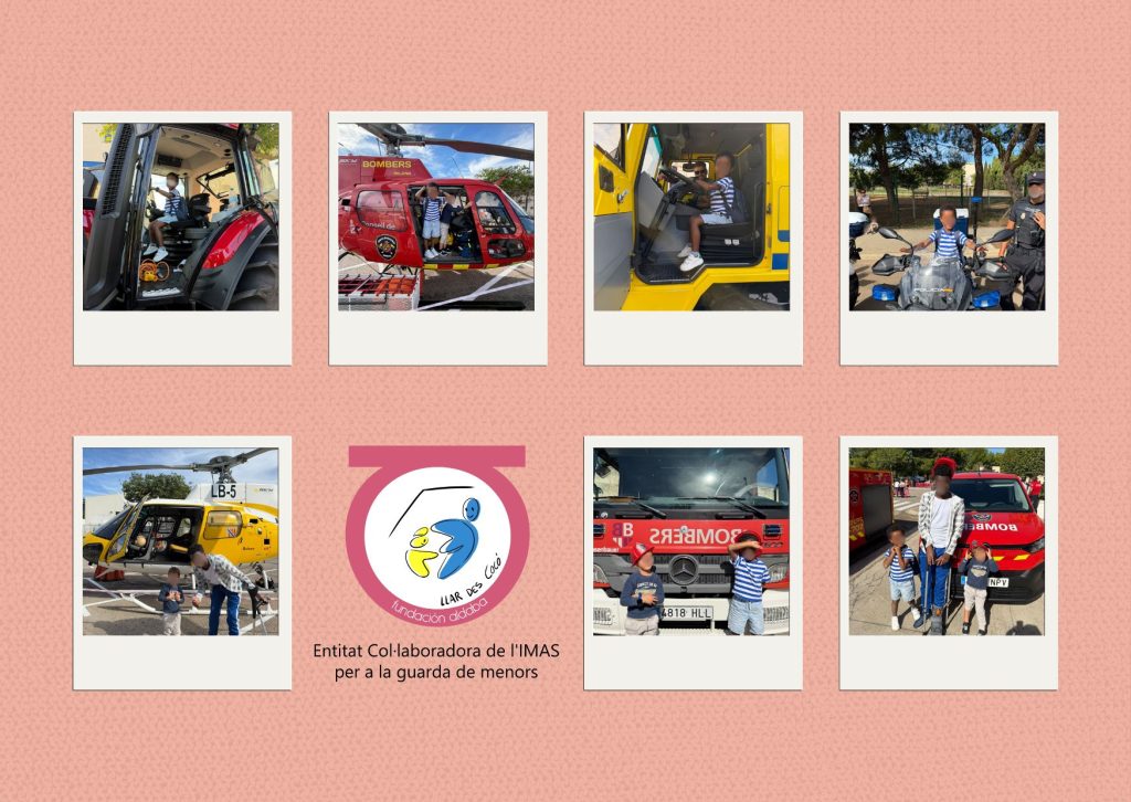 Collague de fotos de niños en feria de vehículos de emergencia