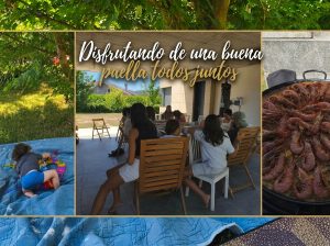 Collague de foto de personas disfrutando de una paella